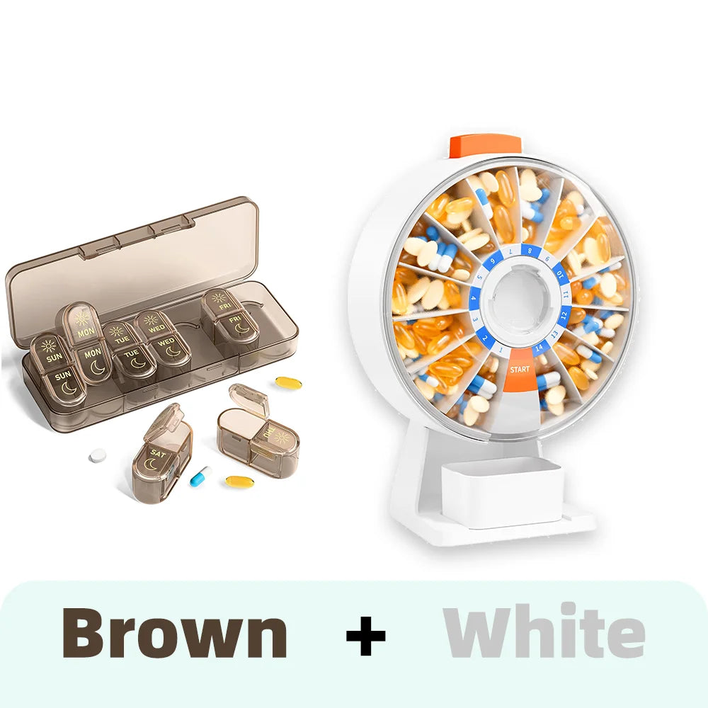 14-Day & 7-Day Pill Organizer Set – Home & Travel Case Pill Organizer Set Nixie Brown-White