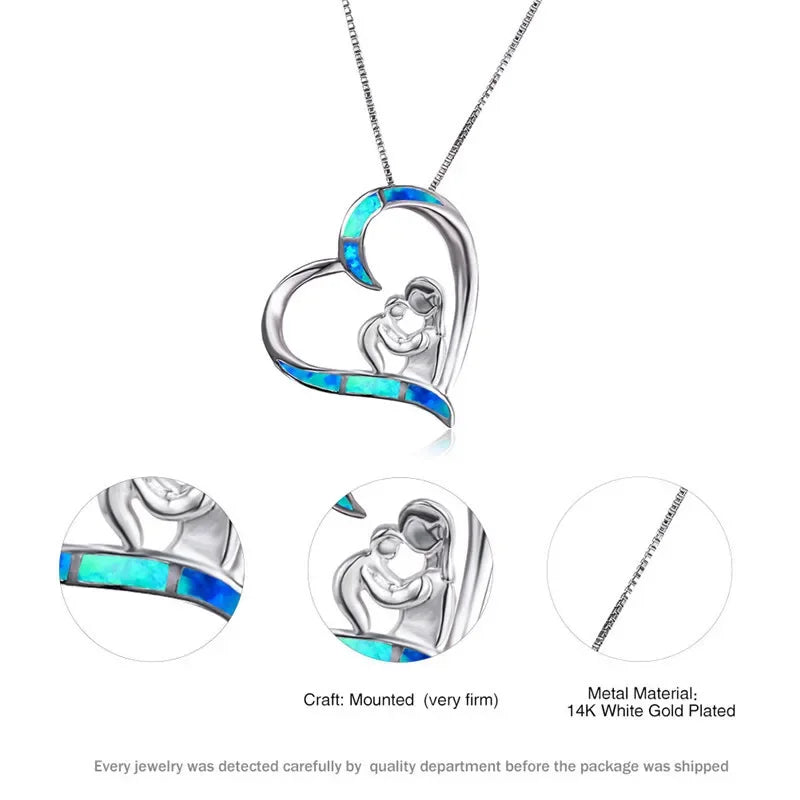 Baby Heart Pendant Necklace Blue Simulated Opal Gift for Mom