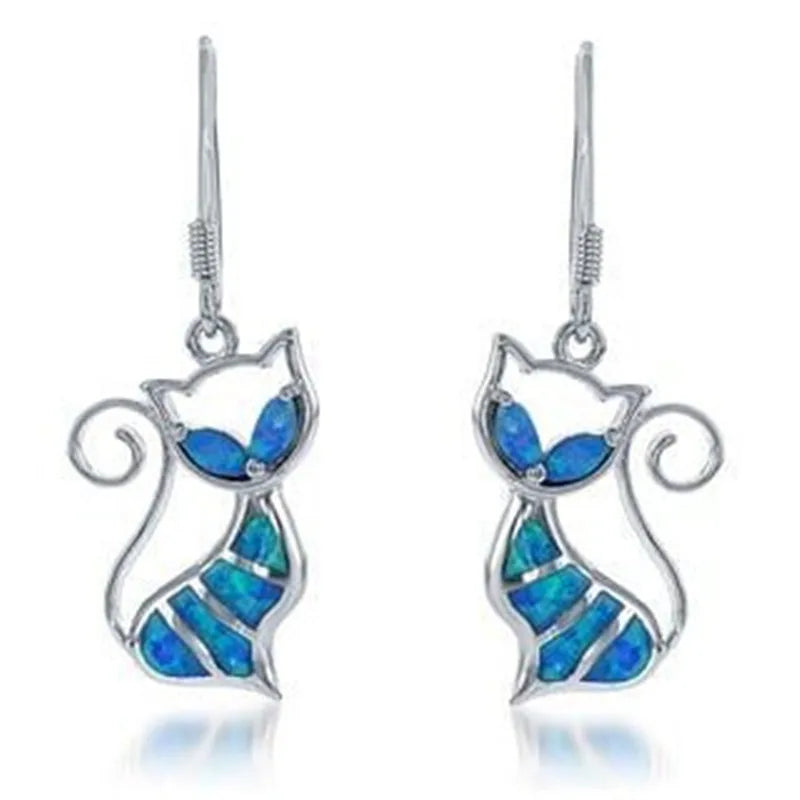 Vintage Blue Opal Cat Dangle Earrings – Retro Hook Style Dangle Earrings Nixie