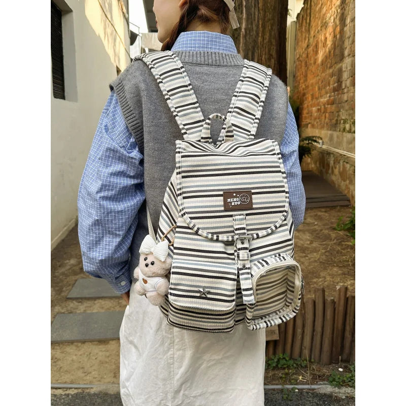 Striped Corduroy Drawstring Backpack – Casual Small Bag