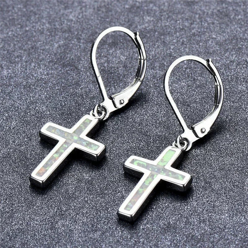 Blue Simulated Opal Cross Dangle Earrings | Silver-Plated Dangle Earrings Nixie