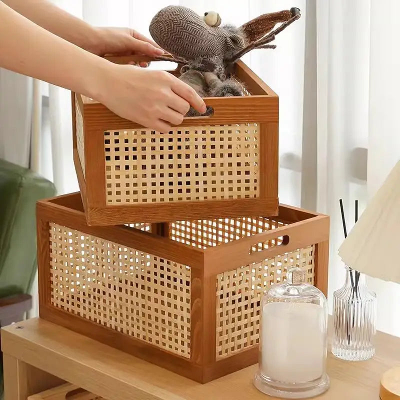 Retro Wood & Bamboo Rattan Storage Basket Desk Organizer Rattan Storage Basket Nixie