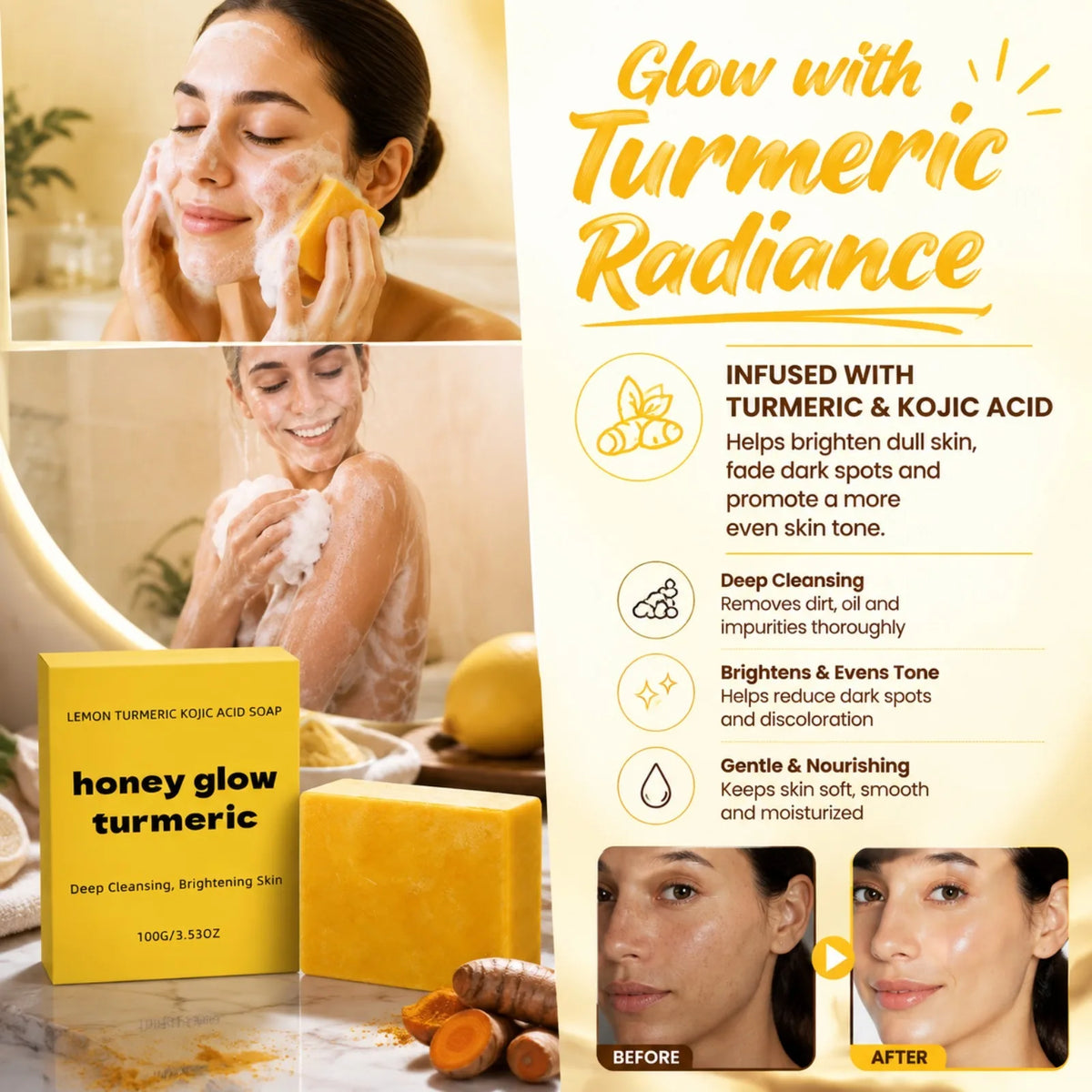Turmeric Kojic Acid Bar Soap – Honey, Lemon Deep Cleanse Cleansing Bar Soap Nixie