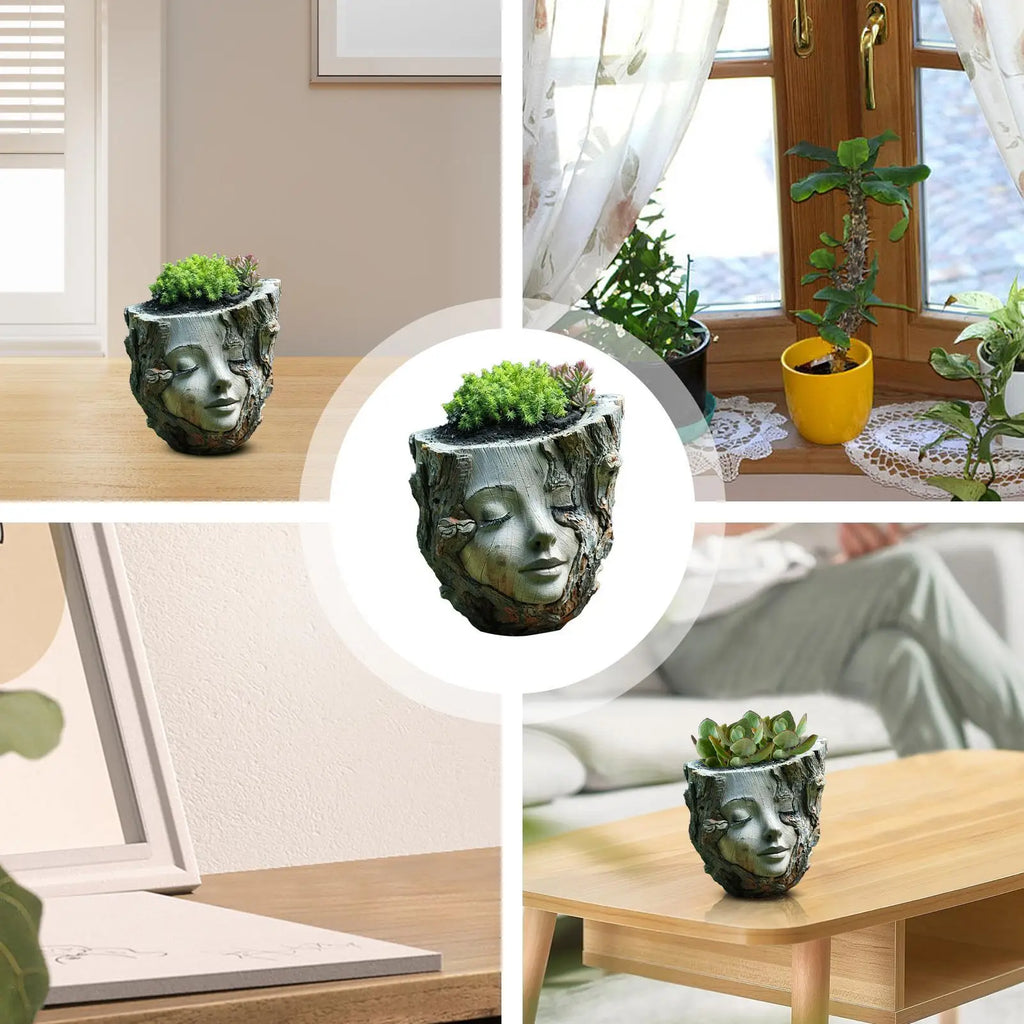 Girl Face Resin Stump Flowerpot – Garden Statue Planter Décor Decorative Garden Planter Nixie