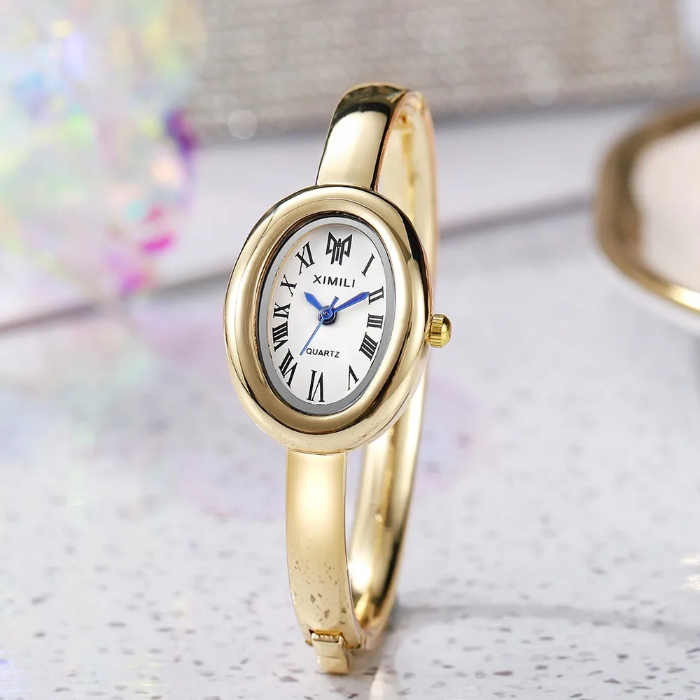 Oval Dial Bangle Bracelet Watch – Elegant Ladies Quartz Watch Ladies Bangle Watch Nixie Gold White