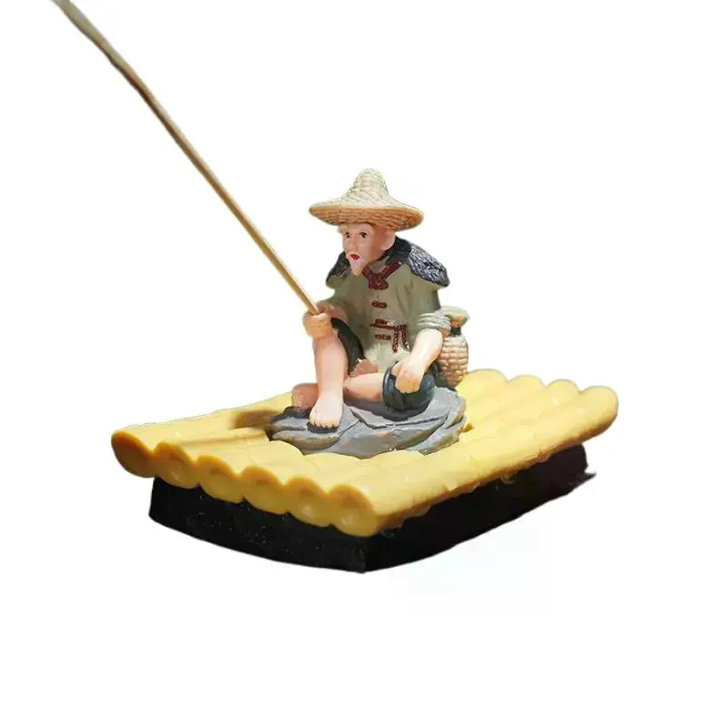 Bamboo Raft Fisherman PVC Figurine | Pond & Aquarium Decor Garden Figurine Nixie