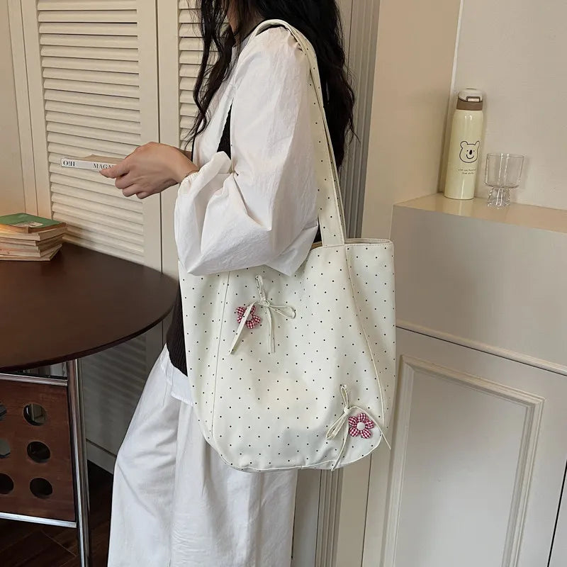 Korean Polka Dot Canvas Tote Bag – Large Shoulder Bag Women Canvas Shoulder Tote Nixie Off-white