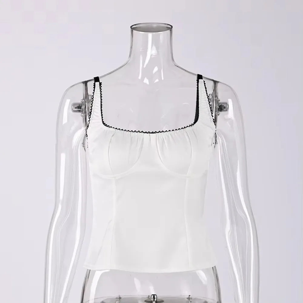 Y2K Satin Spaghetti Strap Lace Trim Camisole Corset Top