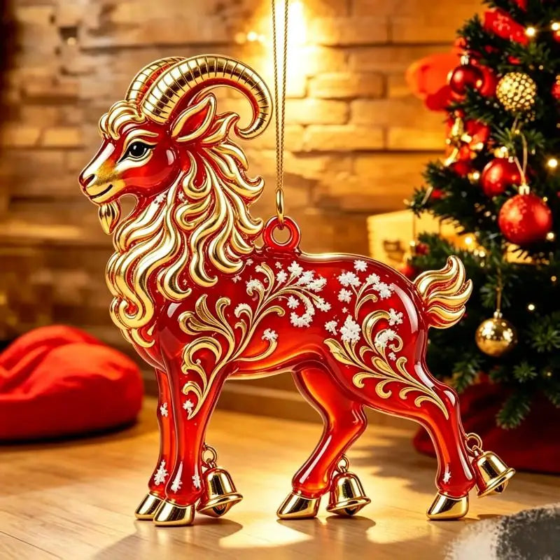 Acrylic Chinese Zodiac Goat Ornament – Red Gold Festive Decor Hanging Ornament Nixie