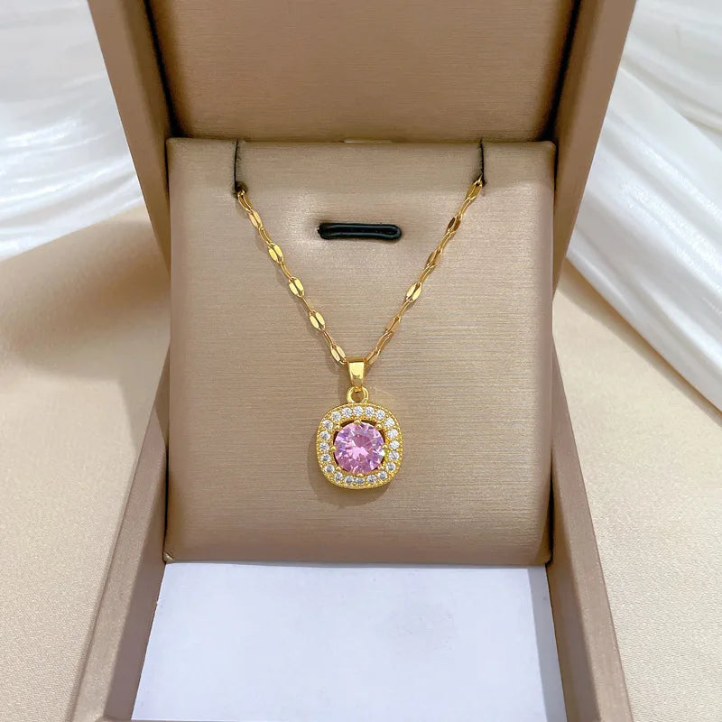 Square Zircon Pendant Necklace | Gold Stainless Steel Clavicle Chain Pendant Necklace Nixie