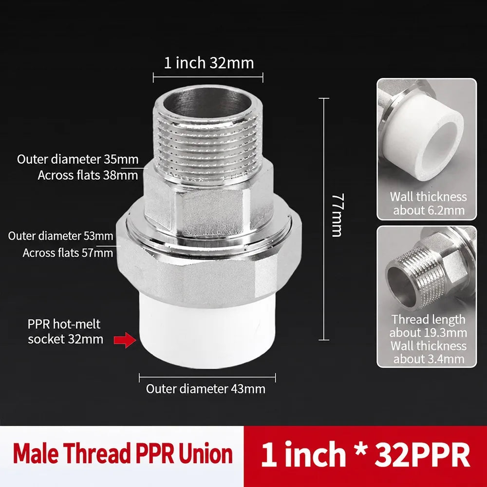 PPR Pipe Connector Stainless Steel Thread Fitting 1/2" 3/4" 1" PPR Pipe Fitting Nixie M PPR32-1-