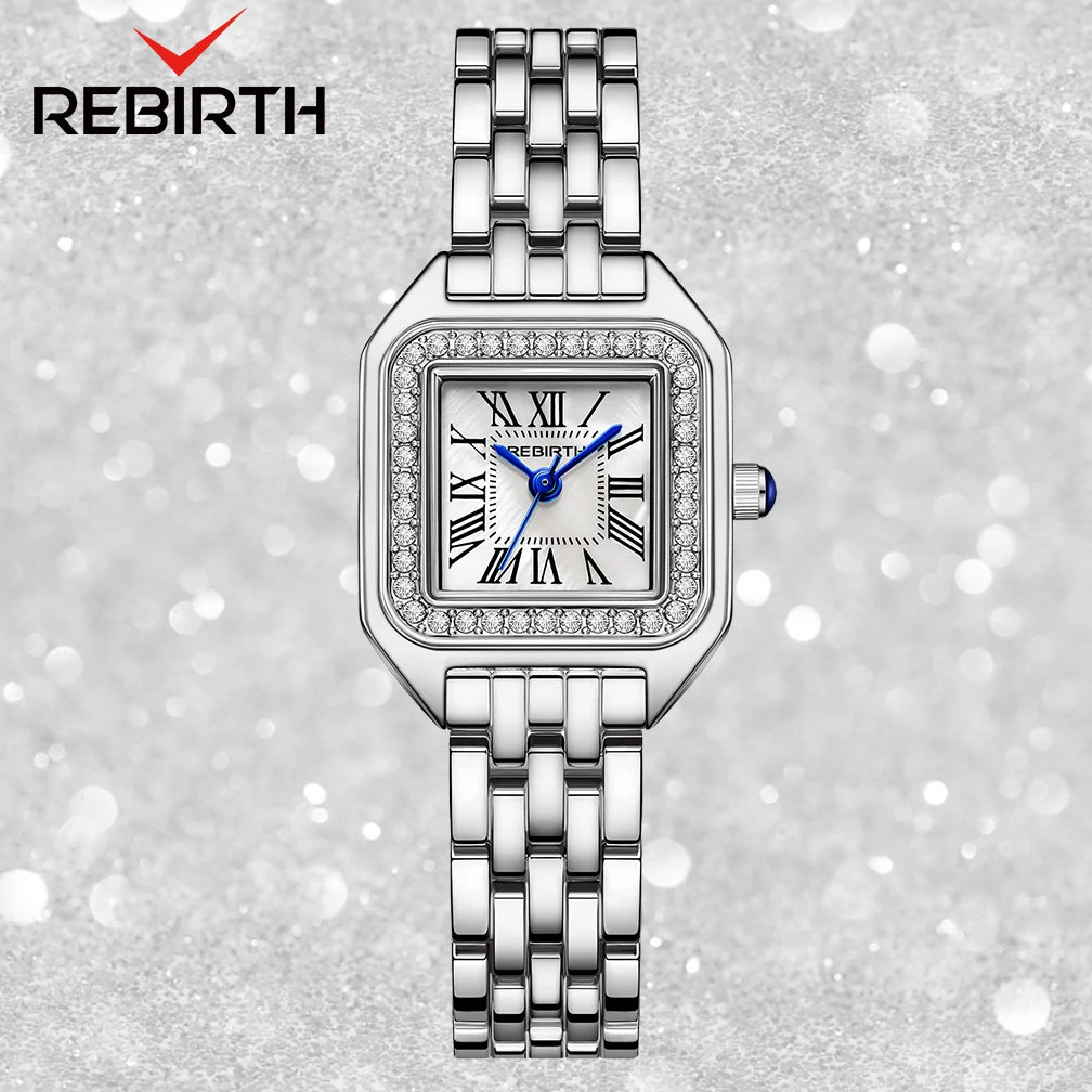 REBIRTH Women's Square Roman Numeral Quartz Watch | Elegant Women's Quartz Watch Nixie Silver