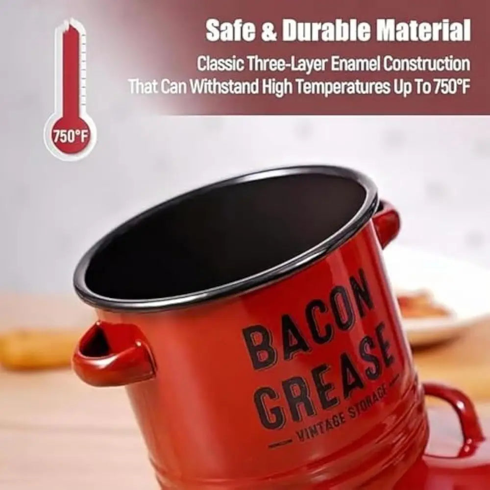 46 Oz Enamel Bacon Grease Container with Strainer & Lid