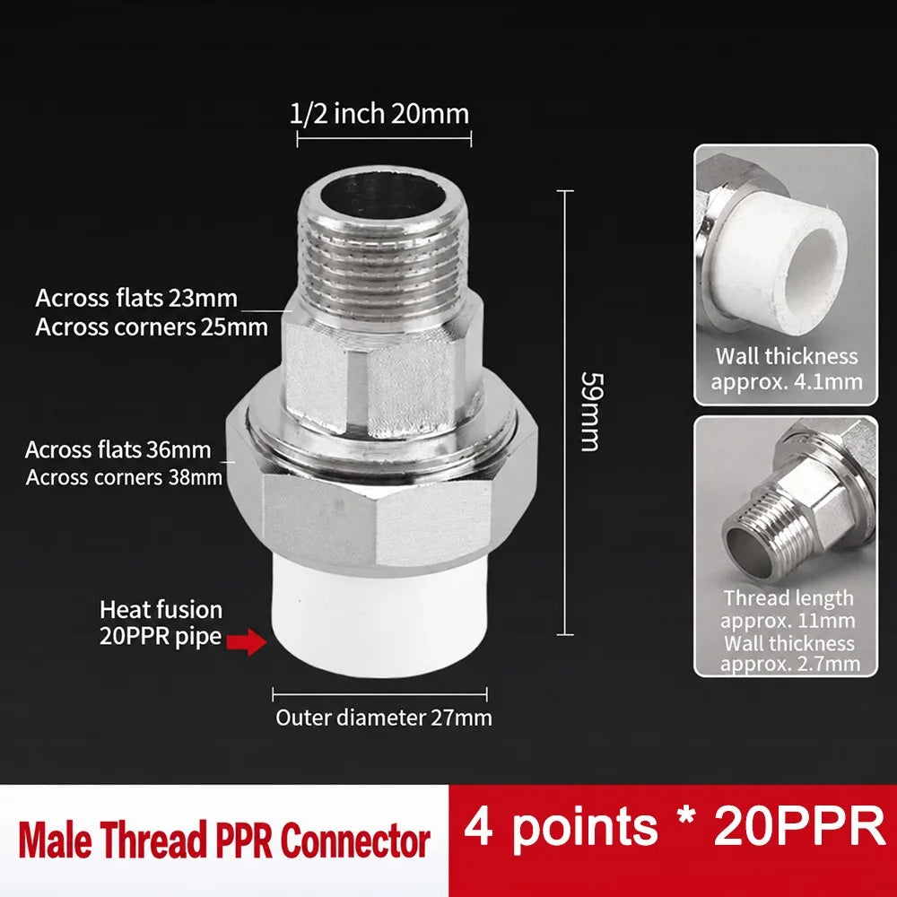 PPR Pipe Connector Stainless Steel Thread Fitting 1/2" 3/4" 1" PPR Pipe Fitting Nixie M PPR20-1-2-
