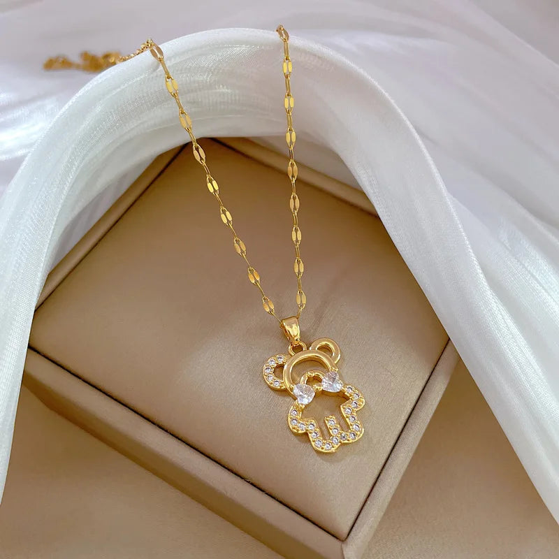 Luxury Bear Tie Pendant Necklace – Gold Stainless Steel Choker Pendant Necklace Nixie