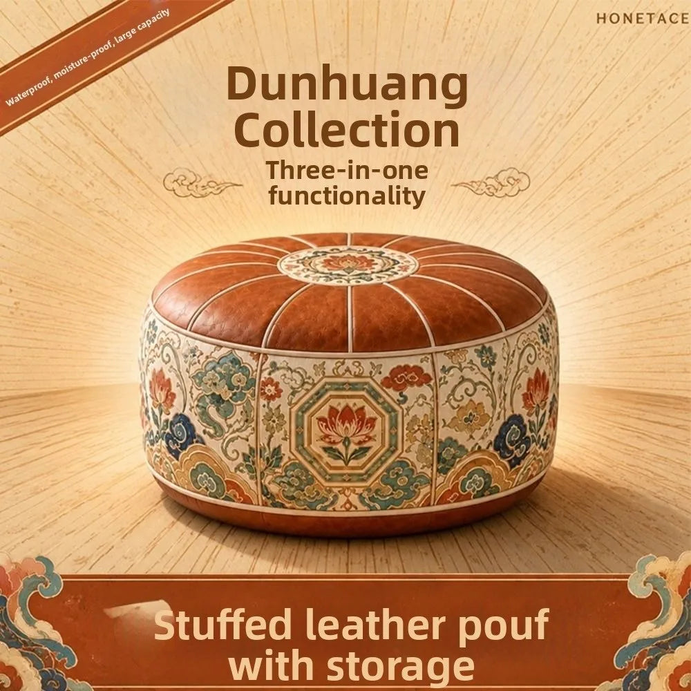 Boho Round Ottoman Pouf Cover – Fillable PU Leather Footstool Ottoman Pouf Cover Nixie