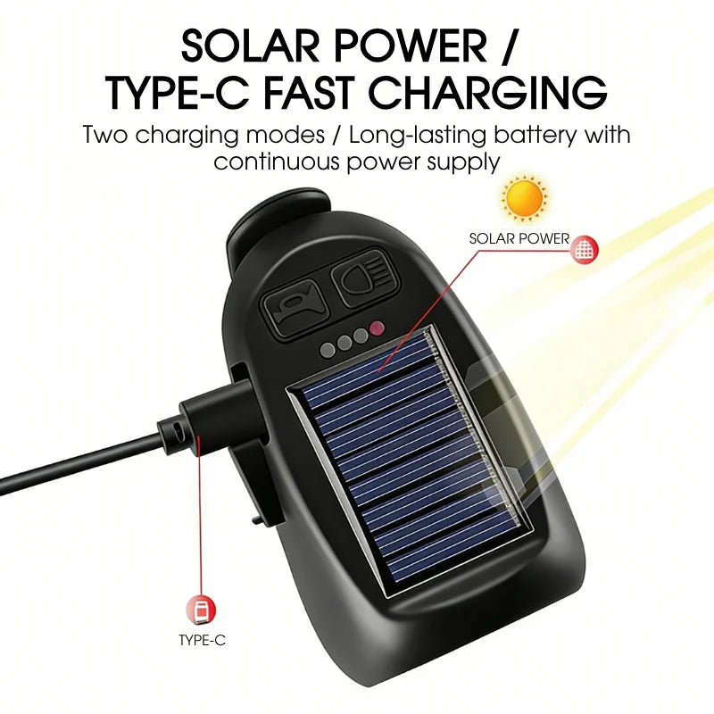 BUCKLOS Solar Bike Light 7 LED 600LM + 120dB Horn, Type-C Bicycle Headlight Nixie