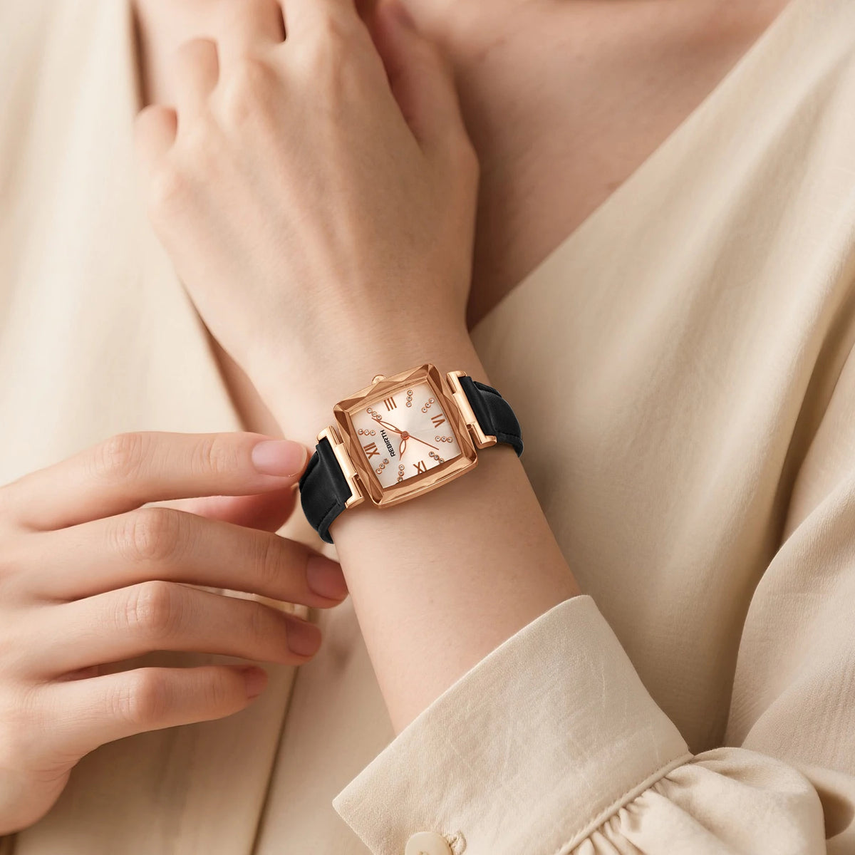 REBIRTH Square Women's Rhinestone Quartz Watch | Leather Band Women's Fashion Watch Nixie