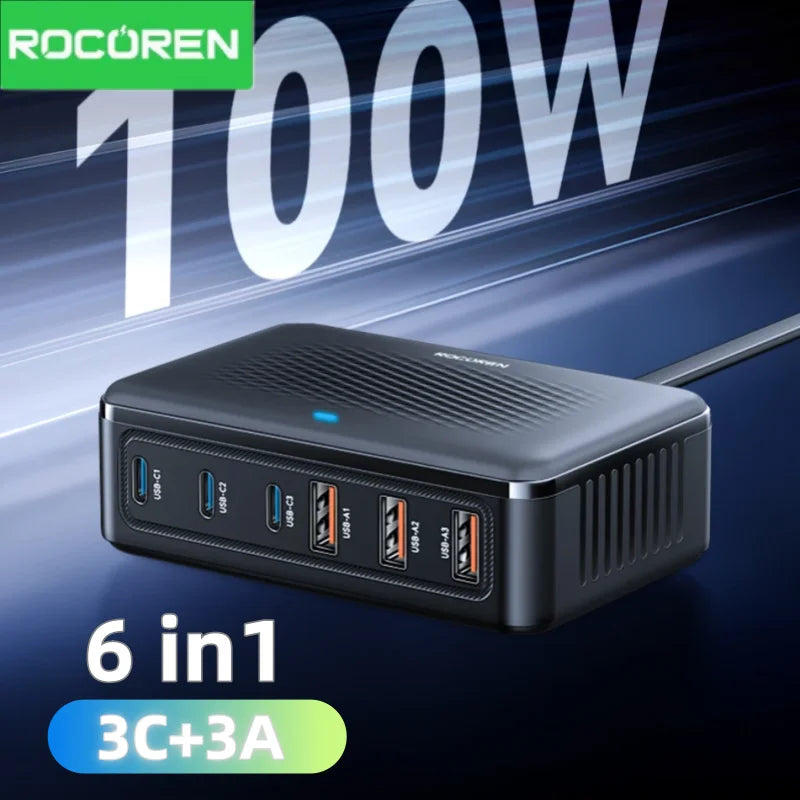 Rocoren 100W GaN Charger 6-Port Desktop Fast Charging Station GaN Desktop Charger Nixie