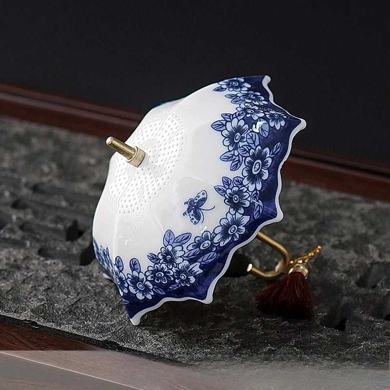 Blue & White Porcelain Umbrella Tea Strainer | Ceramic Filter