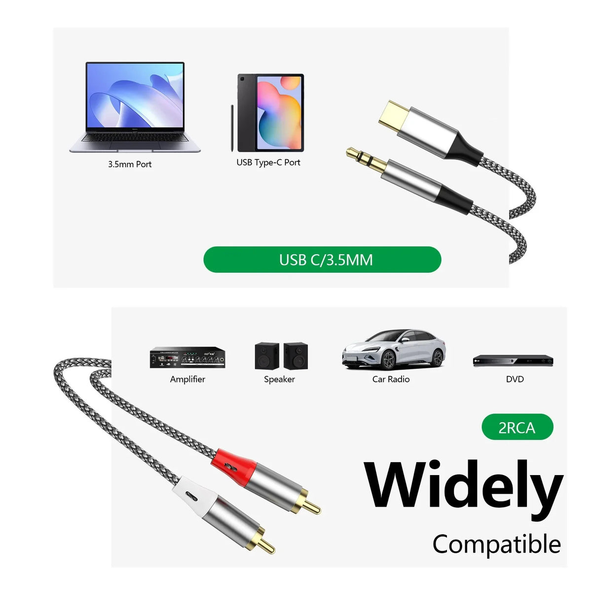 Type-C & 3.5mm to Dual RCA Audio Split Cable | Speakers Audio Adapter Cable Nixie