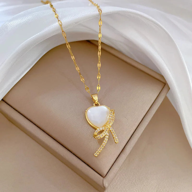 Heart Butterfly Knot Pendant Choker Necklace | Gold Stainless Steel Pendant Choker Necklace Nixie