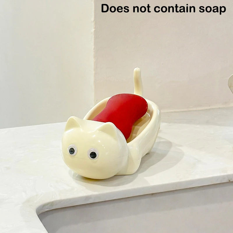 Cute Cat Soap Dish with Drainage | Cartoon Bathroom Soap Holder Soap Dish Holder Nixie White