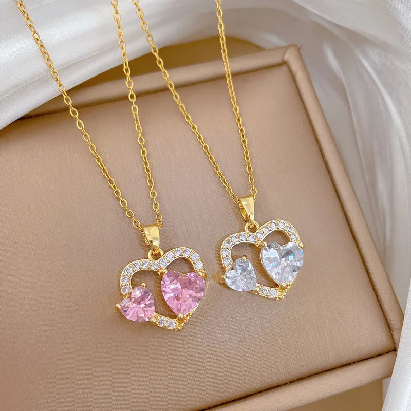 Heart Zirconia Pendant Necklace | Gold Stainless Steel Chain Pendant Necklace Nixie