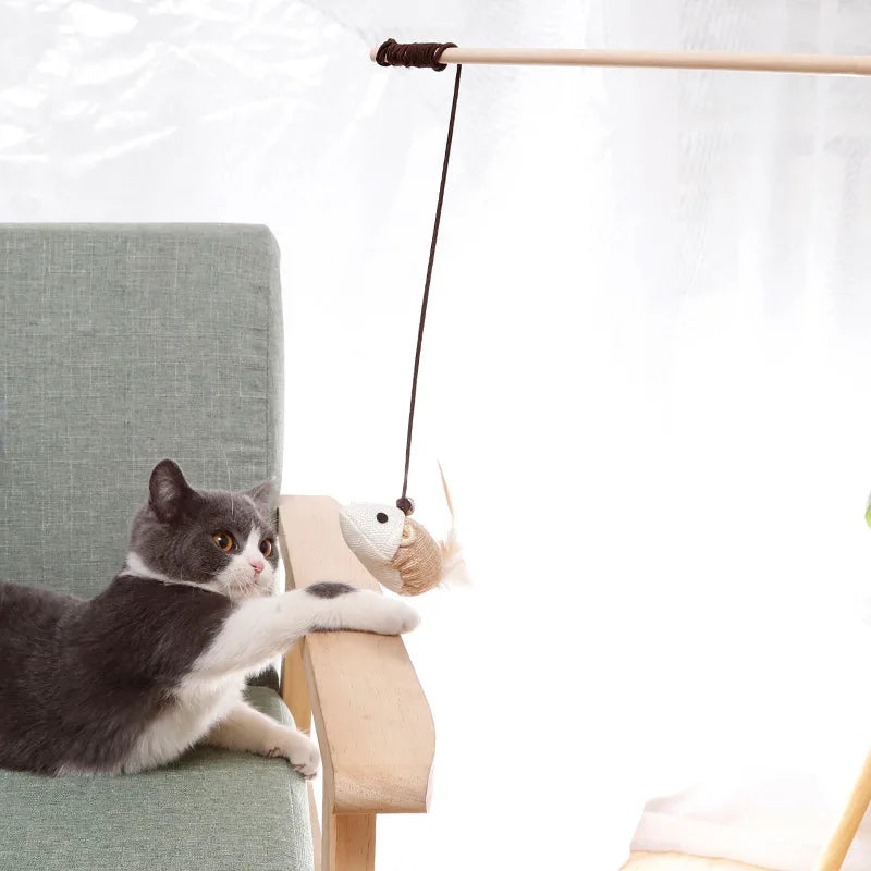 Wooden Mouse Wand Cat Toy – Interactive Pet Teaser Rod