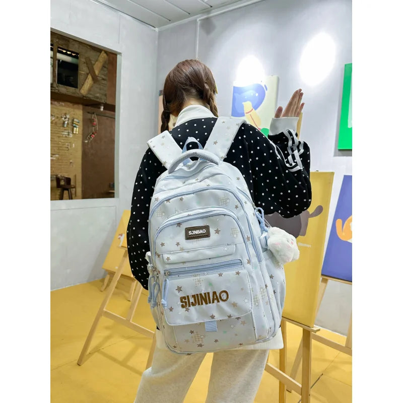 Star Print Large-Capacity School Backpack | Multi-Pocket Nylon School Backpack Nixie