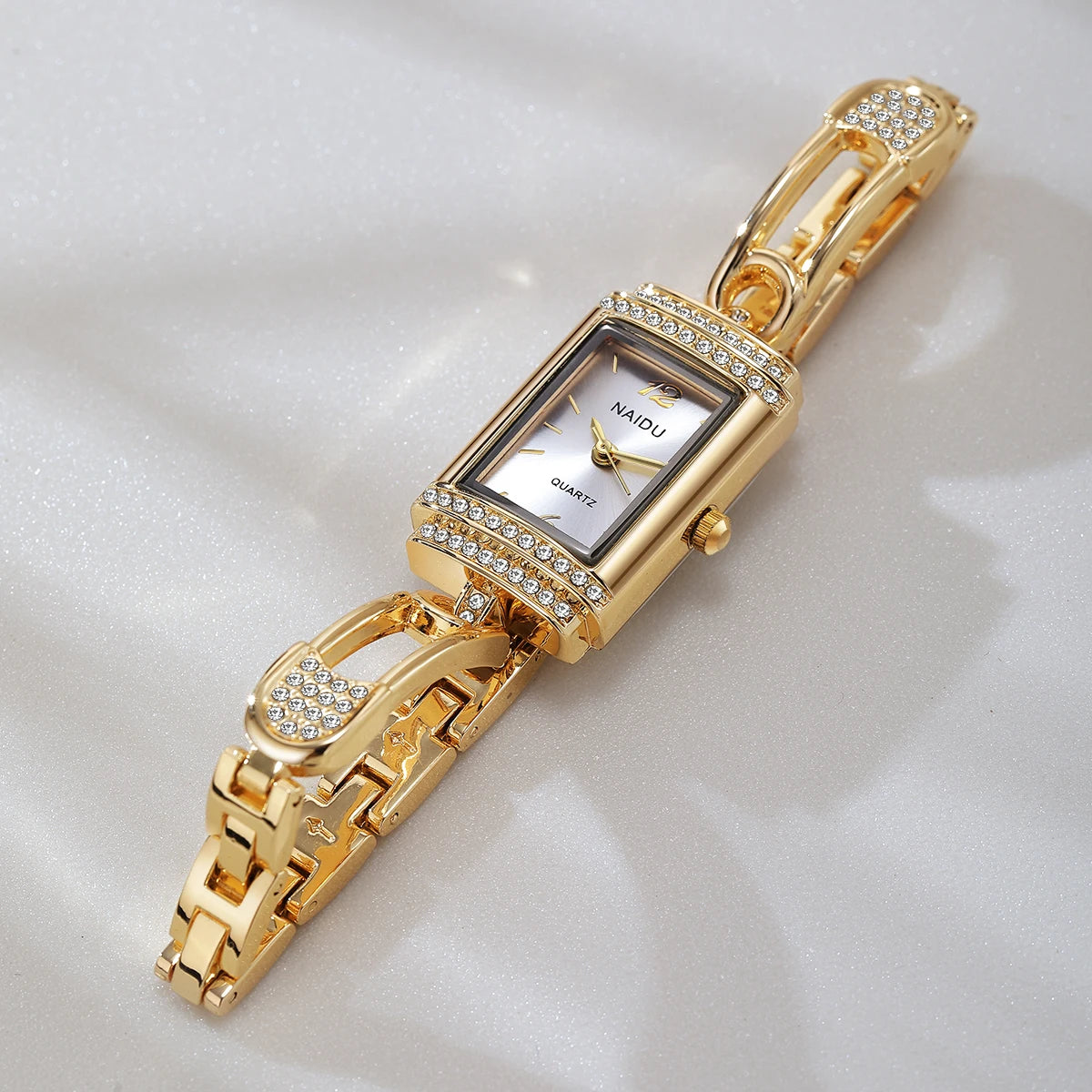 Women's Rhinestone Quartz Watch – White Dial Luxury Style
