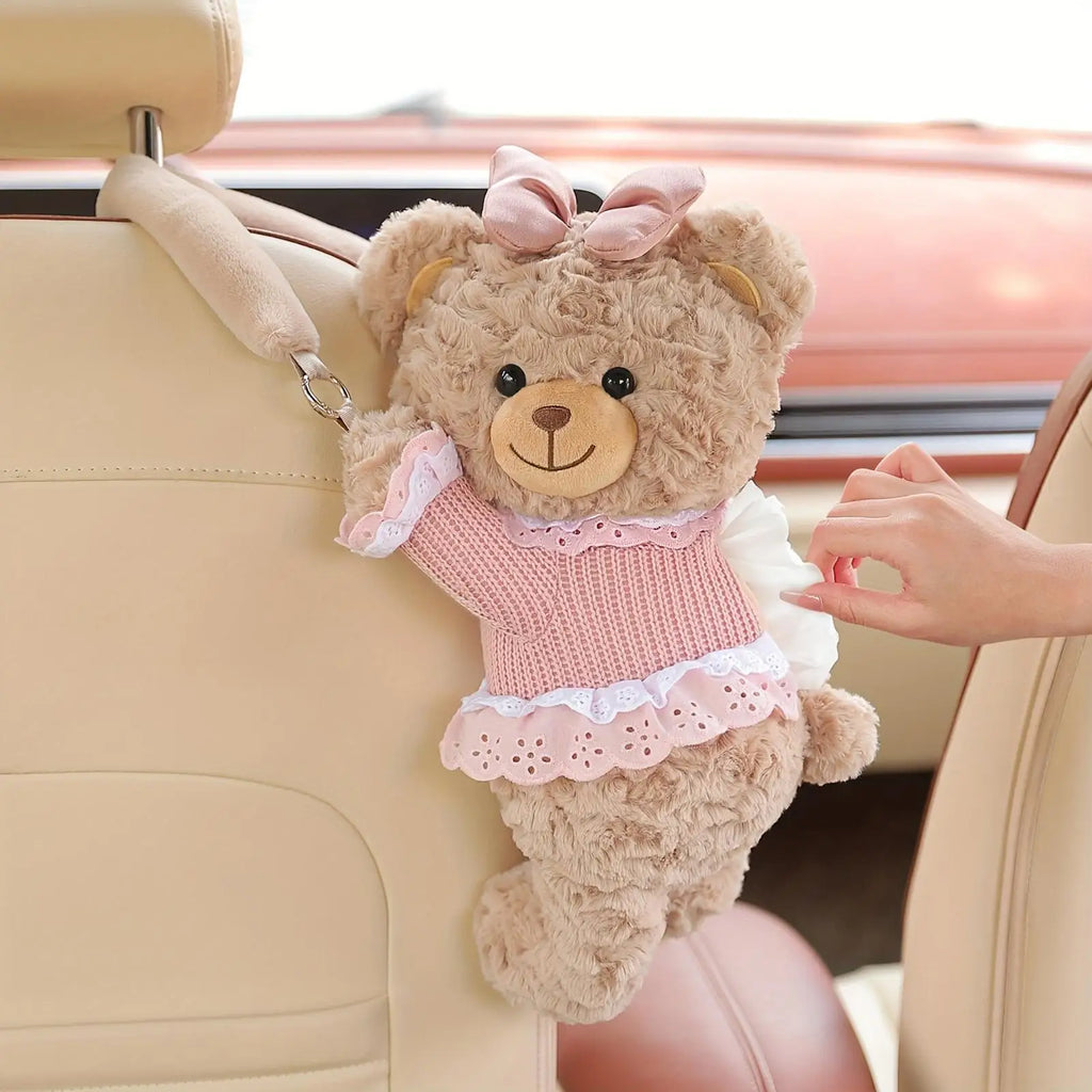 Cute Bear Car Tissue Box Holder – Plush Car Decor Accessory