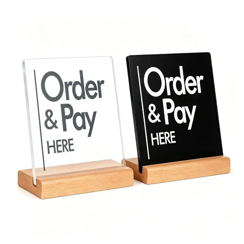 Acrylic Order & Pay Here Desk Sign with Wood Base | Double Sided Tabletop Desk Sign Nixie