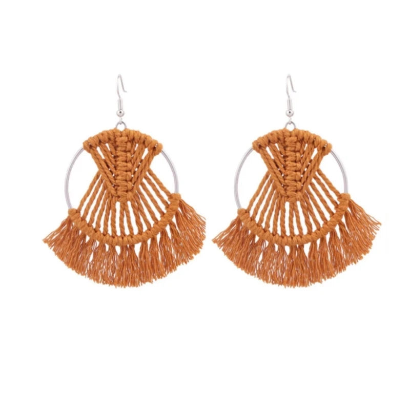 Bohemian Colorful Tassel Drop Earrings – Handwoven Fan Shape