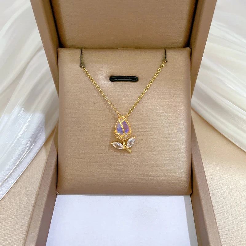 Flower Pendant Necklace | Gold Stainless Steel Clavicle Chain Pendant Necklace Nixie