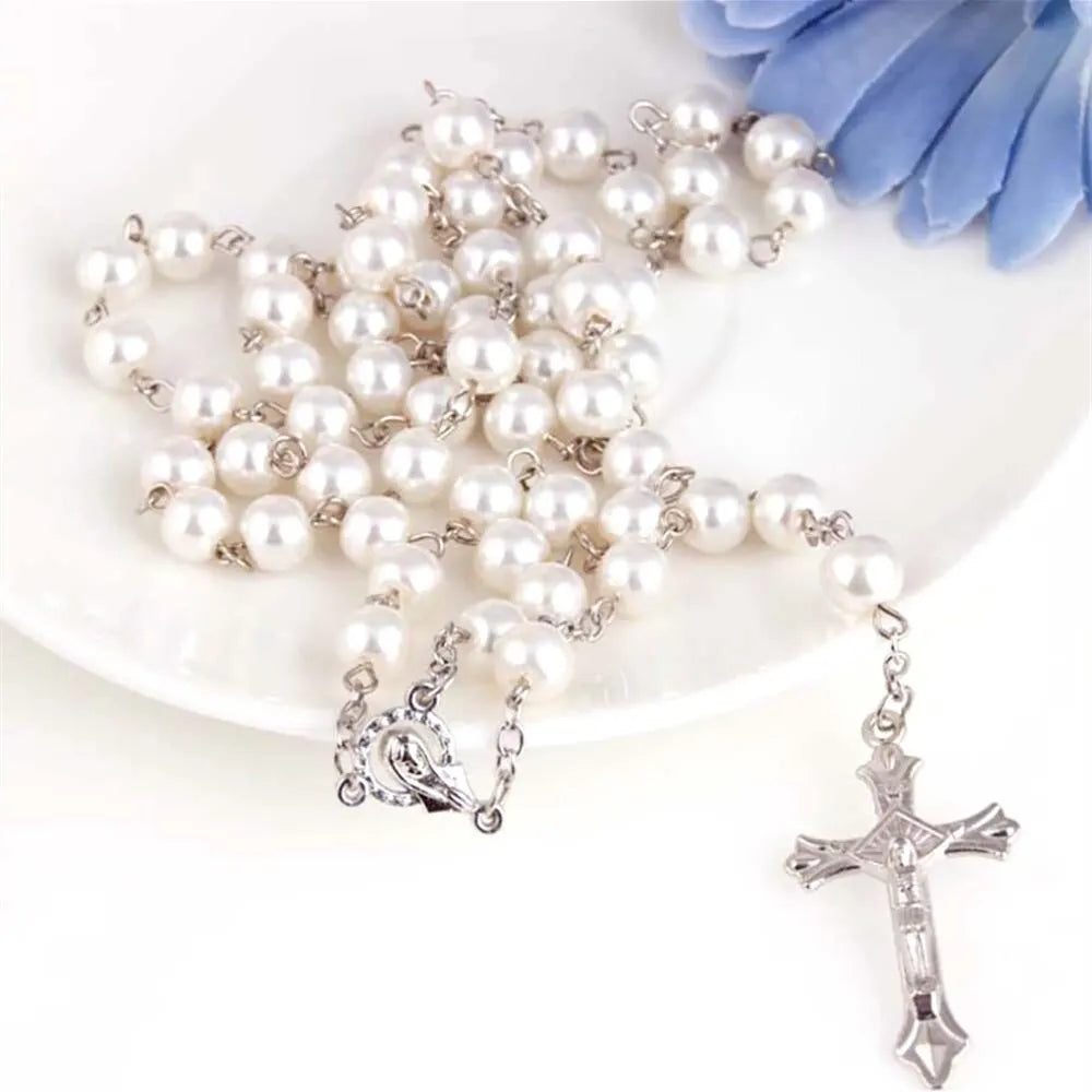Handmade Vintage Pearl Rosary Necklace with Cross Pendant Beaded Pendant Necklace Nixie