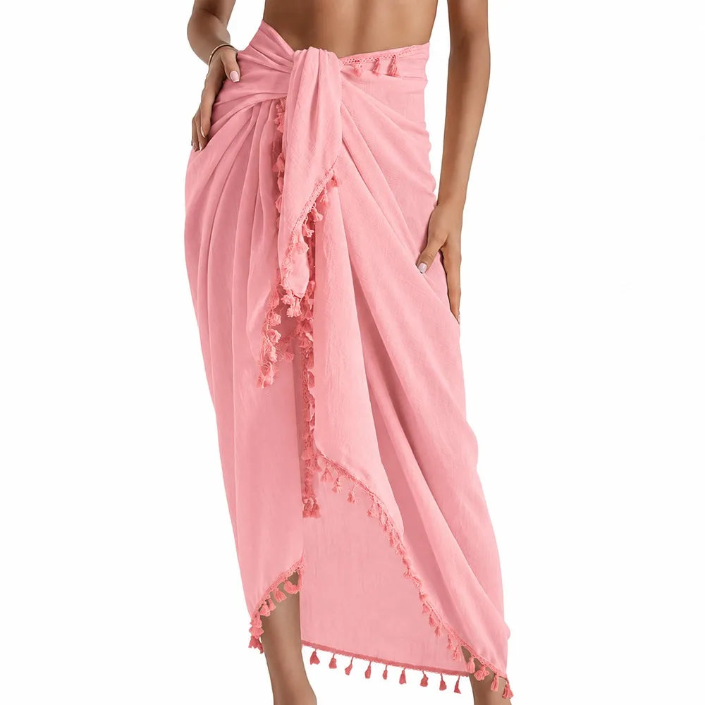 Sheer Beach Wrap Skirt Tassel Trim Bikini Cover Up | Nixie Bikini Cover Up Nixie Pink One Size