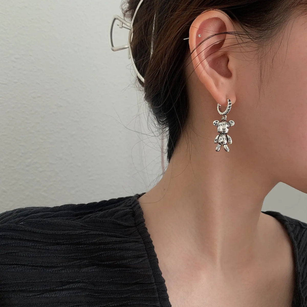 Antique Silver Bear Asymmetric Stud Earrings | Unisex Vintage Fashion Stud Earrings Nixie