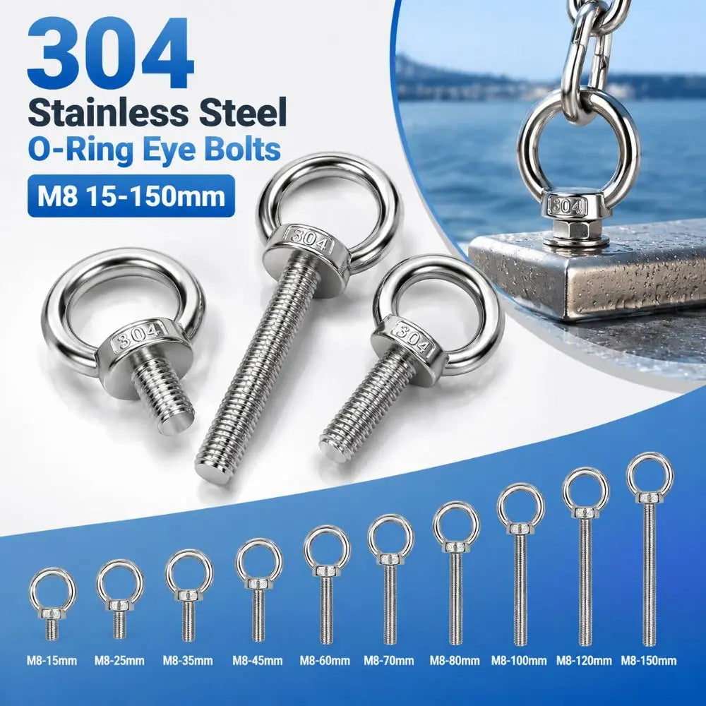 304 Stainless Steel M8 Eye Bolts – Heavy-Duty Lifting Eyelets