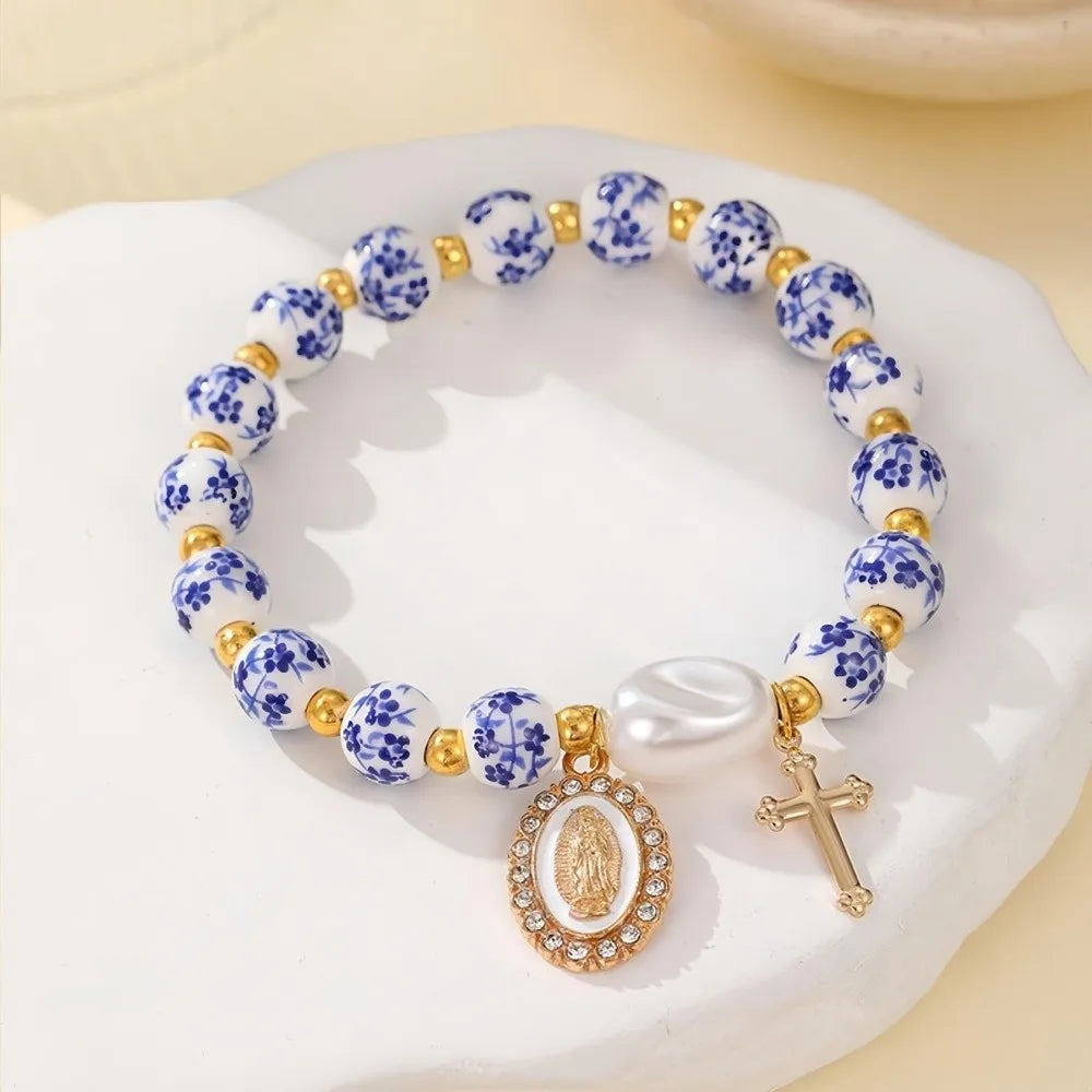 Blue & White Porcelain Ceramic Pearl Bracelet – Vintage Elastic Beaded Bracelet Nixie Blue