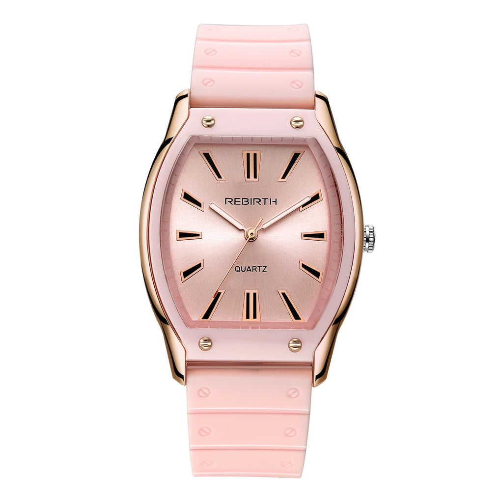 REBIRTH Unisex Casual Quartz Watch – Silicone Strap Tonneau Dial Casual Quartz Watch Nixie Pink