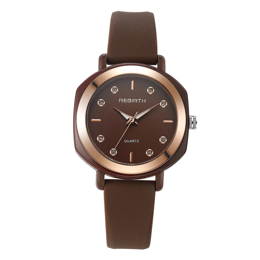 REBIRTH Women's Quartz Watch – Silicone Strap Numberless Dial Women's Quartz Watch Nixie Coffee