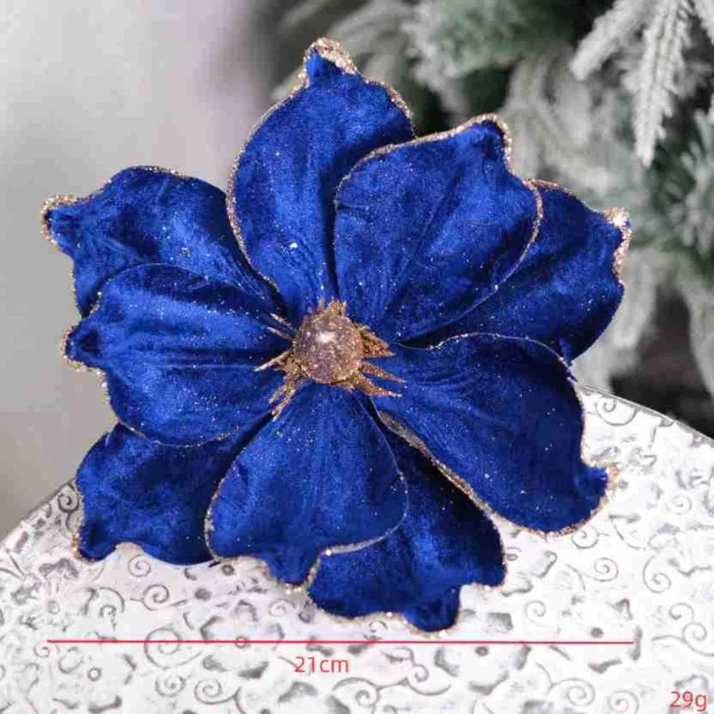 Artificial Poinsettia Glitter Flower 21cm Christmas Decoration Christmas Tree Ornament Nixie Blue