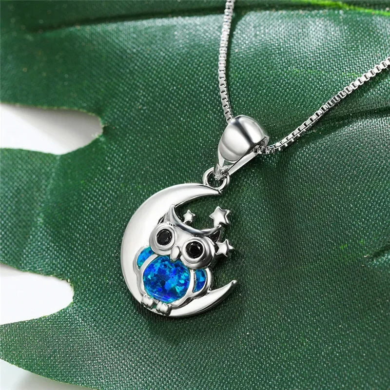 Dainty Owl Blue Simulated Opal Silver Moon Necklace Fashion Necklace Nixie