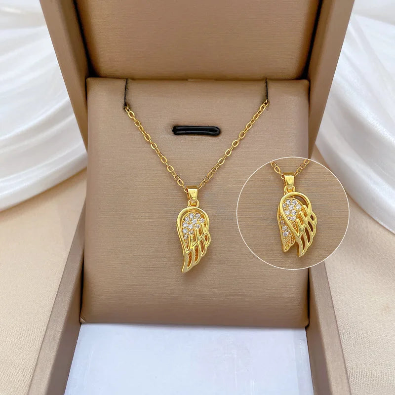 Hollow Wing Feather Zircon Pendant Necklace | Women's Gold Chain Pendant Necklace Nixie