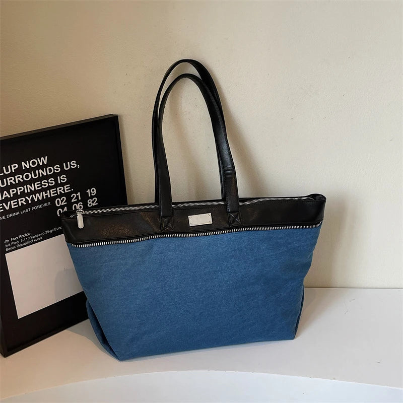 Women's Large Denim Tote Bag – Casual Commuter Shoulder Handbag Denim Tote Bag Nixie