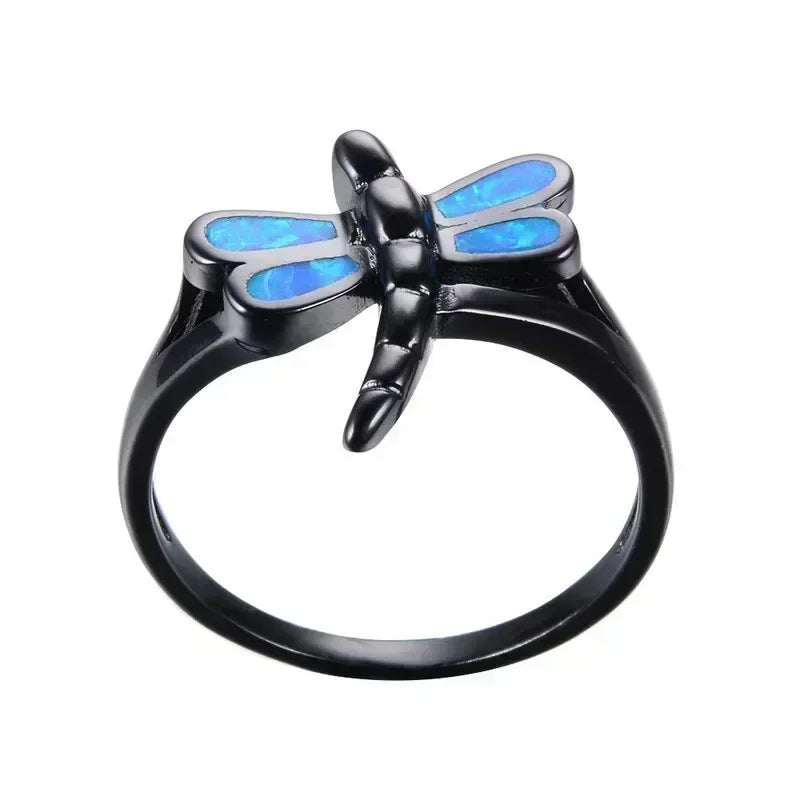 Dragonfly Ring Zinc Alloy Black Blue Simulated Opal | Sizes 6–10 Fashion Ring Nixie