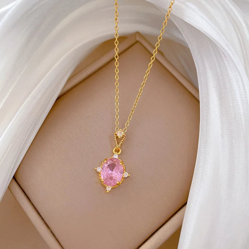 Women's Pink Zircon Pendant Gold Stainless Steel Necklace Pendant Necklace Nixie