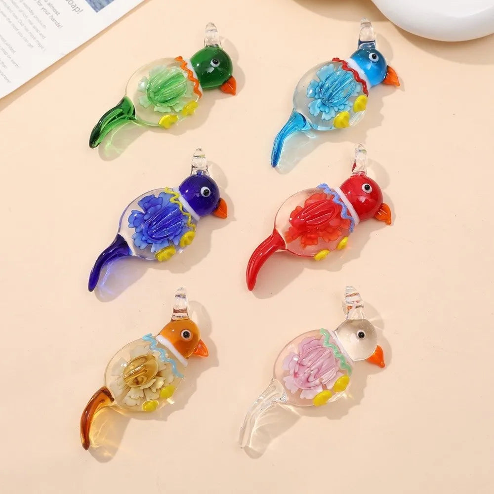 Handmade Murano Glass Bird & Flower Pendant – Multicolor Lampwork Glass Jewelry Pendant Nixie