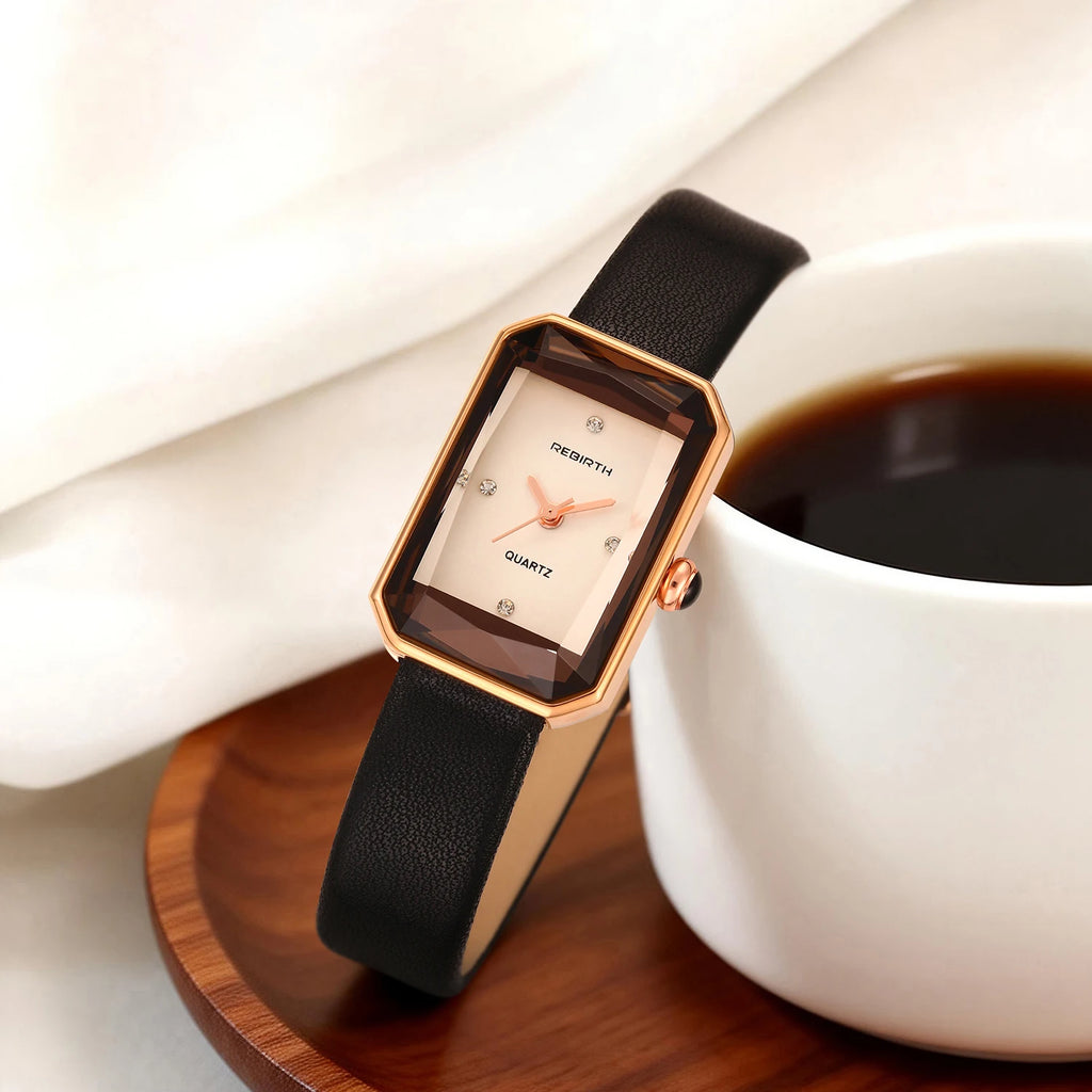REBIRTH Retro Quartz Watch – Leather Band, Rectangle Dial Quartz Wristwatch Nixie